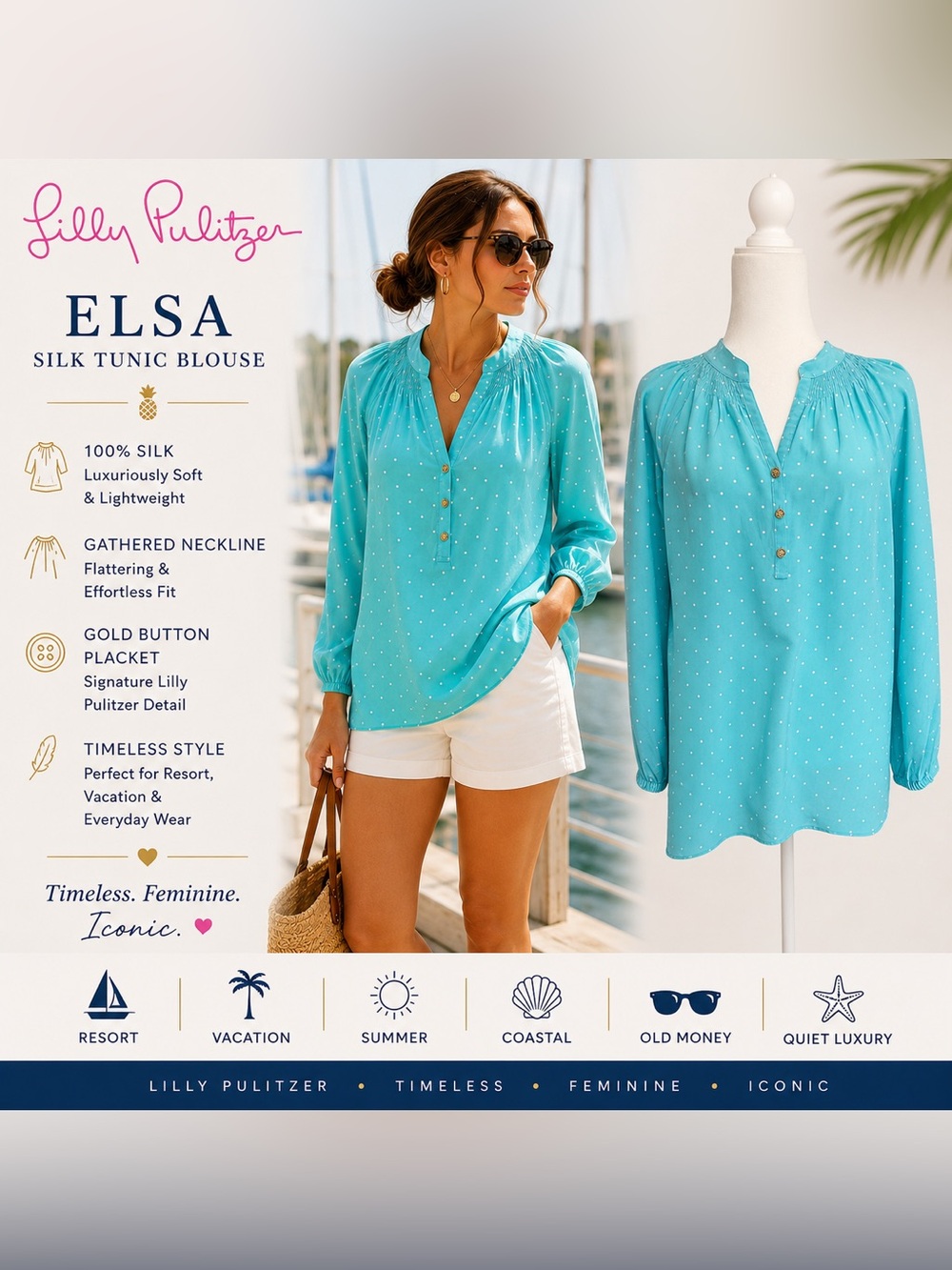 Lilly Pulitzer Elsa 100% Silk Tunic Blouse S Turquoise Blue Polka Dot Resort